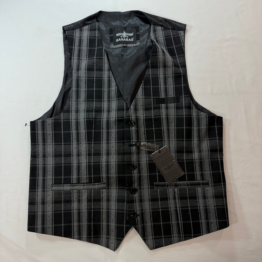 Barabas Suit Vest Mens XL Plaid Waistcoat Black Grey Textured Button Front NWT